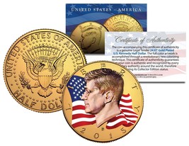 Colorized * Flowing Flag * 2015 Jfk Kennedy Half Dollar Coin 24K Gold Plated (D) - £6.76 GBP