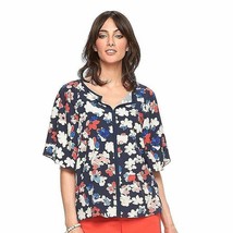 Elle Draped Dolman Short Sleeve Top Large Navy Red White Tan Floral Spli... - $16.59