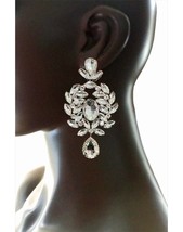 4.75&quot; Long Cluster Clip-On Earrings Clear  Crystals Drag Queen Pageant Stage - £25.52 GBP