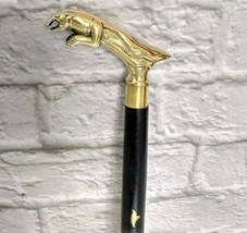 Antique era Brass Jaguar Head Handle Wooden Walking Stick Cane Collectible Gift - £26.90 GBP