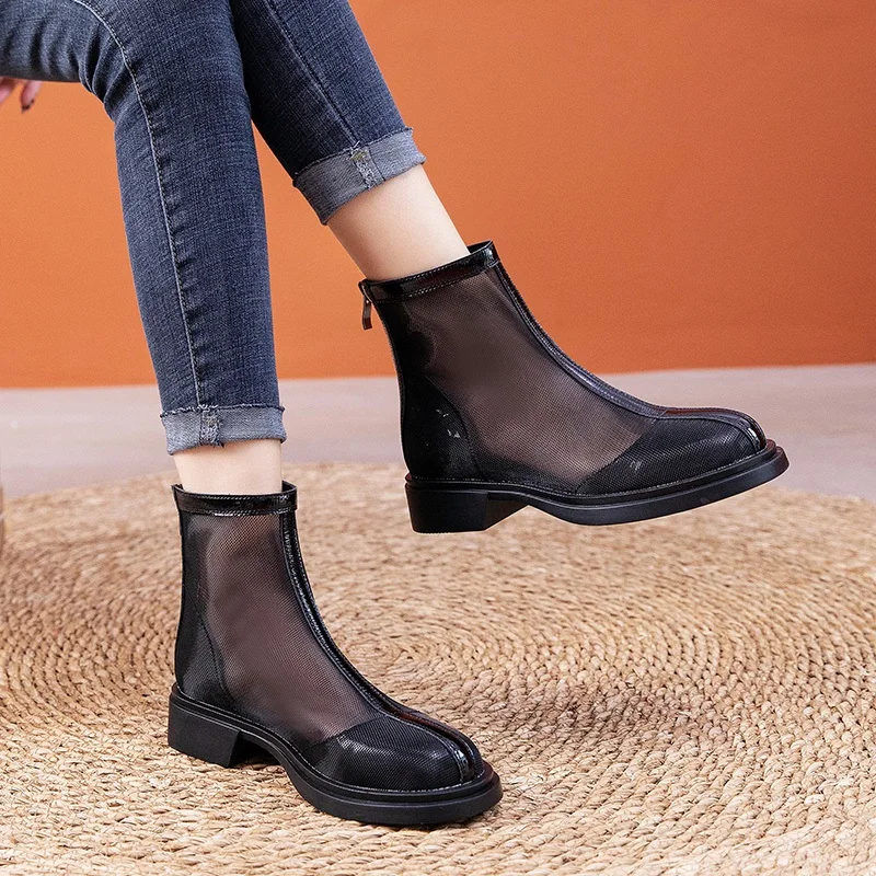New Summer Mesh Cool Boots For Women Genuine Leather Back Zipper Flat Heel Soft  - £73.35 GBP