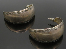 Simon Garcia Santa Fe Navajo 925 Silver - Vintage Etched J-Hoop Earrings- EG6929 - £115.96 GBP