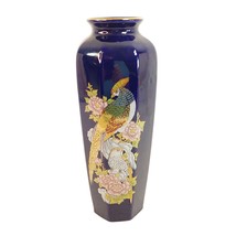 Asian Vase Pheasants Peonies Gold Gilt Trim Octagon Shape VIntage Home Decor 11&quot; - £24.49 GBP