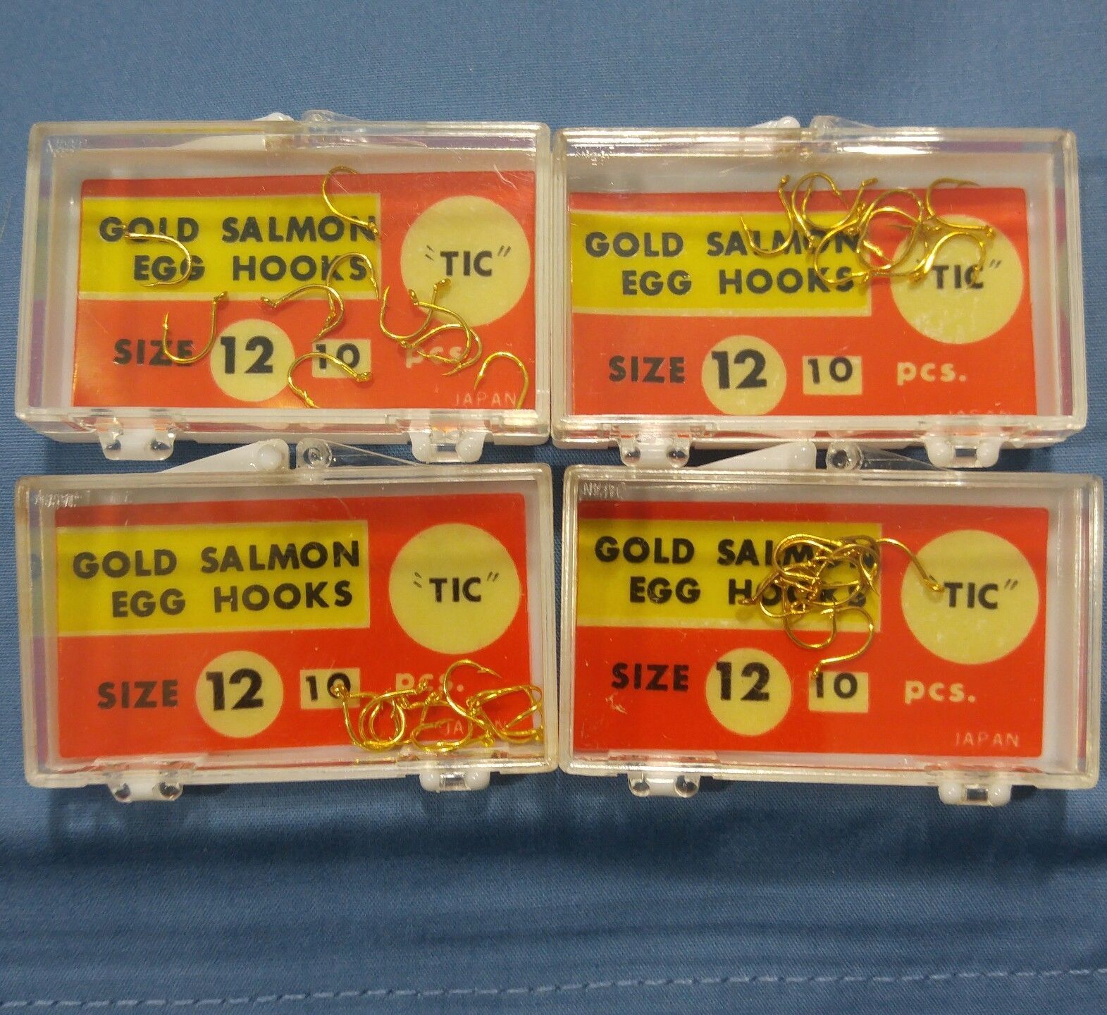Vtg TIC Gold Salmon Egg Hooks Size 12 JAPAN 4 pks x 10 Hooks Plastic Cases NOS - $15.88