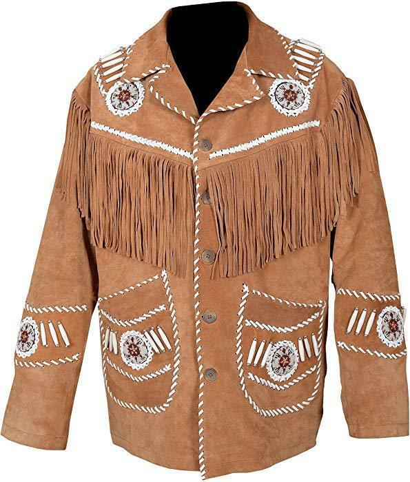Men's Tan Color Western Style Suede Leather Bone Beaded Patches Fringed Jacket