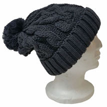 Pom Pom Knit Beanie Braided Color Plain Ski Cap Skull Hat Winter  Charcoal - £17.53 GBP