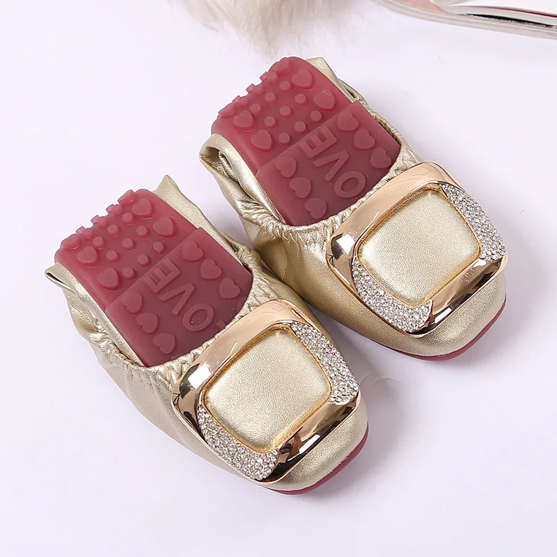 2024 Ballet Flats Shoes Women Fashion Foldable Square Toe Rhinestone Buckle  PU  - £63.55 GBP