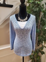 Cathy Daniels Women&#39;s Blue Cotton Rhinestone Long Sleeve Slit Sweater Si... - $26.73