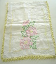 Vtg Hand Embroidered Floral Dresser Scarf Table Runner Crochet Yellow Ed... - £11.95 GBP