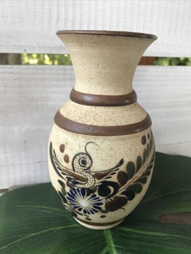 Primary image for Vintage TONALA Sandstone signed Pottery Bird Vase 6 1/2" Mexico Floral Art Decor