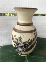 Vintage TONALA Sandstone signed Pottery Bird Vase 6 1/2&quot; Mexico Floral Art Decor - £27.01 GBP
