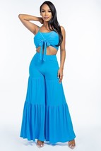 Solid Tie Front Spaghetti Strap Tank Top And Tiered Wide Leg Pants Two Piece Set - £26.15 GBP