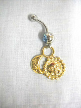 New Goldtone Dipped Lunar Moon &amp; Sun Star Dangling Charm 14g Blue Cz Belly Ring - £4.73 GBP