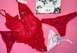 Victoria&#39;s Secret S TEDDY BODYSUIT crotchless+thong lot RED pink crystal... - $98.99