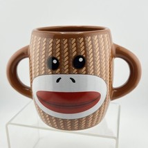 Galerie Sock Monkey Ceramic Coffee Cup Mug 16 oz  Brown Double Handle Excellent - £7.59 GBP