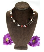 RED JASPER & QUARTZ STONE Vintage FLOAT NECKLACE Faux Pearl Floating 3 Strands - $17.81