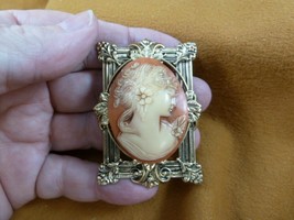 (cm31-59) Exotic Lady Flowers Curlys hair orange ivory Cameo brass pin pendant - £26.68 GBP