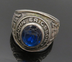 925 Silver - Vintage Blue Topaz John Ericsson JHS 1977 Class Ring Sz 9 - RG15969 - £61.86 GBP