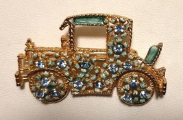 Model T CAR Brooch Pin Enamel Flowers and Blue Rhinestones Gold Setting 1960s - $29.95