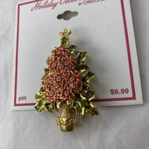 Poinsettia Christmas Tree Christopher Radko Rhinestone Enamel Brooch Pin Vintage - £45.09 GBP