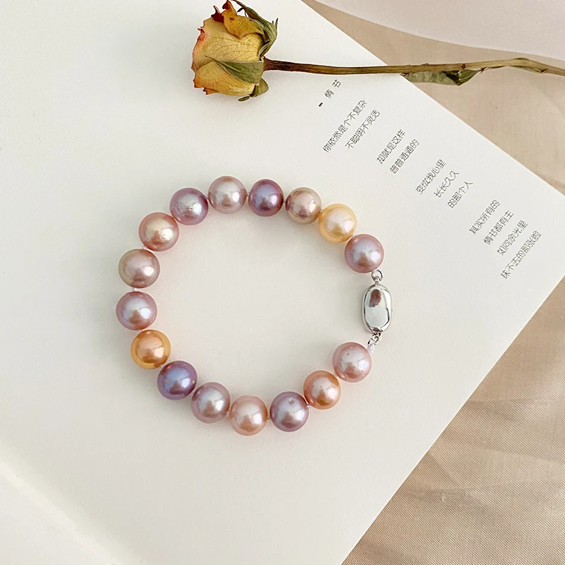 Big Natural Freshwater Pearl Bracelet Real 925 Sterling Silver Mixed color Jewel - £43.22 GBP