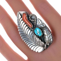 sz7.5 Large Vintage Native American silver turquoise and coral ring - £215.73 GBP