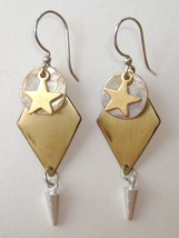 Star Circle Diamond Drop Earrings Mixed Metal Brass Silver Dangle Pierced - £26.28 GBP