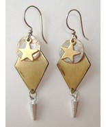 Star Circle Diamond Drop Earrings Mixed Metal Brass Silver Dangle Pierced - £26.37 GBP