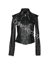New Women Black Half Silver Studded Embellished Design Unique Leather Jacket - £197.53 GBP