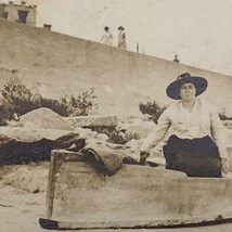 Woman In Canoe Boat Photograph Original Snapshot Antique Lots Of Writing 1919 - £8.26 GBP