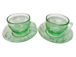Tiara Exclusives Indiana Glass Chantilly Green Set Of 2 Coffee Cups &amp; Saucers - £17.54 GBP