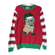 Ugly Christmas French Bulldog Candy Cane Stripe Sleeve Knit Sweater Size Medium - £11.73 GBP