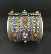 Berber Bracelet Kabyle Cuff Silver Large Enamel Coral Vintage Tribal Algerian - £389.38 GBP