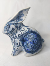 Tenmoku Pottery Cobalt Blue &amp; White Rabbit Presed Floral Design - $40.12