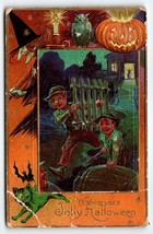 Halloween Postcard Fantasy Witch Owl Green Cat Bat JOL Candle Children Series 4 - £27.33 GBP
