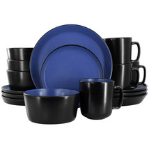 Elama Bacarra 16 Piece Stoneware Dinnerware Set in Two Tone Black and Blue - £83.05 GBP