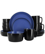 Elama Bacarra 16 Piece Stoneware Dinnerware Set in Two Tone Black and Blue - £82.54 GBP