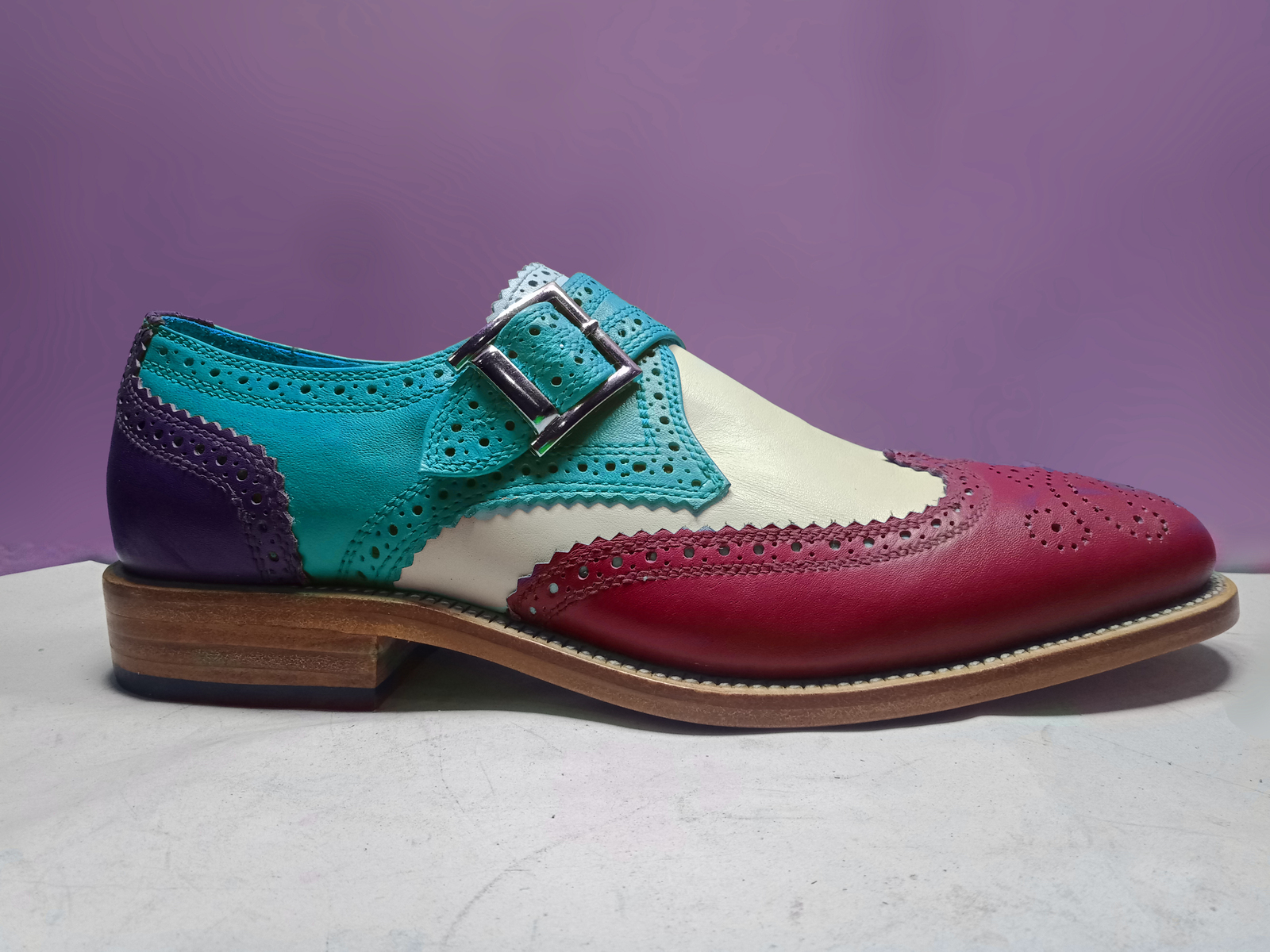 Handmade Multi color Monk Shoe, Men Ferozi White Red Purple Brogue Leather Shoes