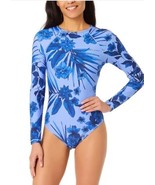 Hurley Womens Swimsuit Blue Floral 1-Piece Stretch UPF 50+ High Neck Lon... - $48.99