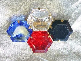 Red, Clear, Blue &amp; Black Acrylic Rhinestone Gold-tone Brooch 1980s vintage 2&quot; - £9.65 GBP