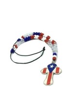 Puerto Rico Flag Cross Hanging Necklace Beads Cross Pendant Charm Silver Plated - £14.93 GBP