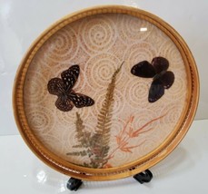 Vintage Bamboo Serving Tray Pressed Dried Butterflies Floral Rattan 11&#39;&#39; - £18.40 GBP