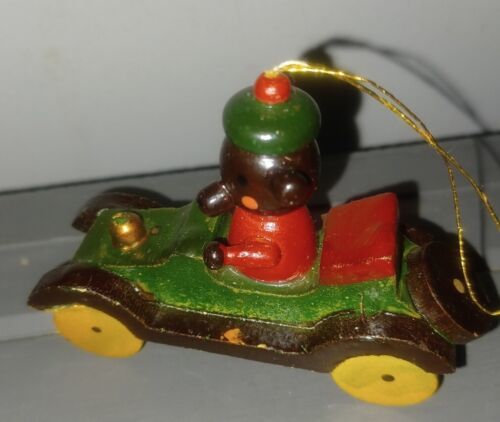 Dog In Roadster Car Christmas Ornament Russ Berrie Taiwan Hand-Painted Wood Vtg - £7.92 GBP