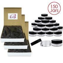 (150 Pcs) 3G/3Ml Clear Plastic Refillable Jars W/Black Flat Lids - £30.67 GBP