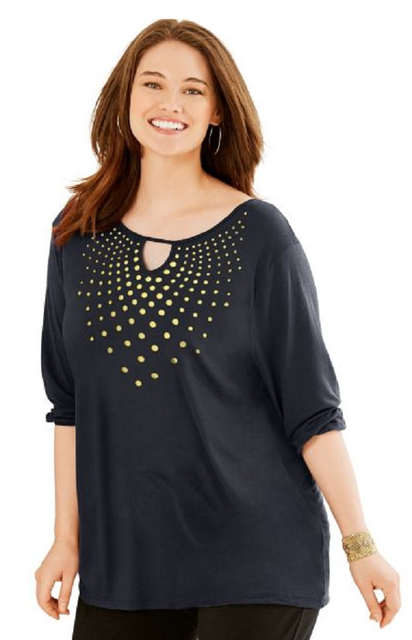  New Just My Size 1X Graphic 3/4 Sleeve Key Hole Neckline Fluid Drape Tu... - $4.95