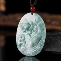 Floating Flowers Lotus and Fish Medal Authentic Grade A Jade Pendant Necklace - £37.52 GBP
