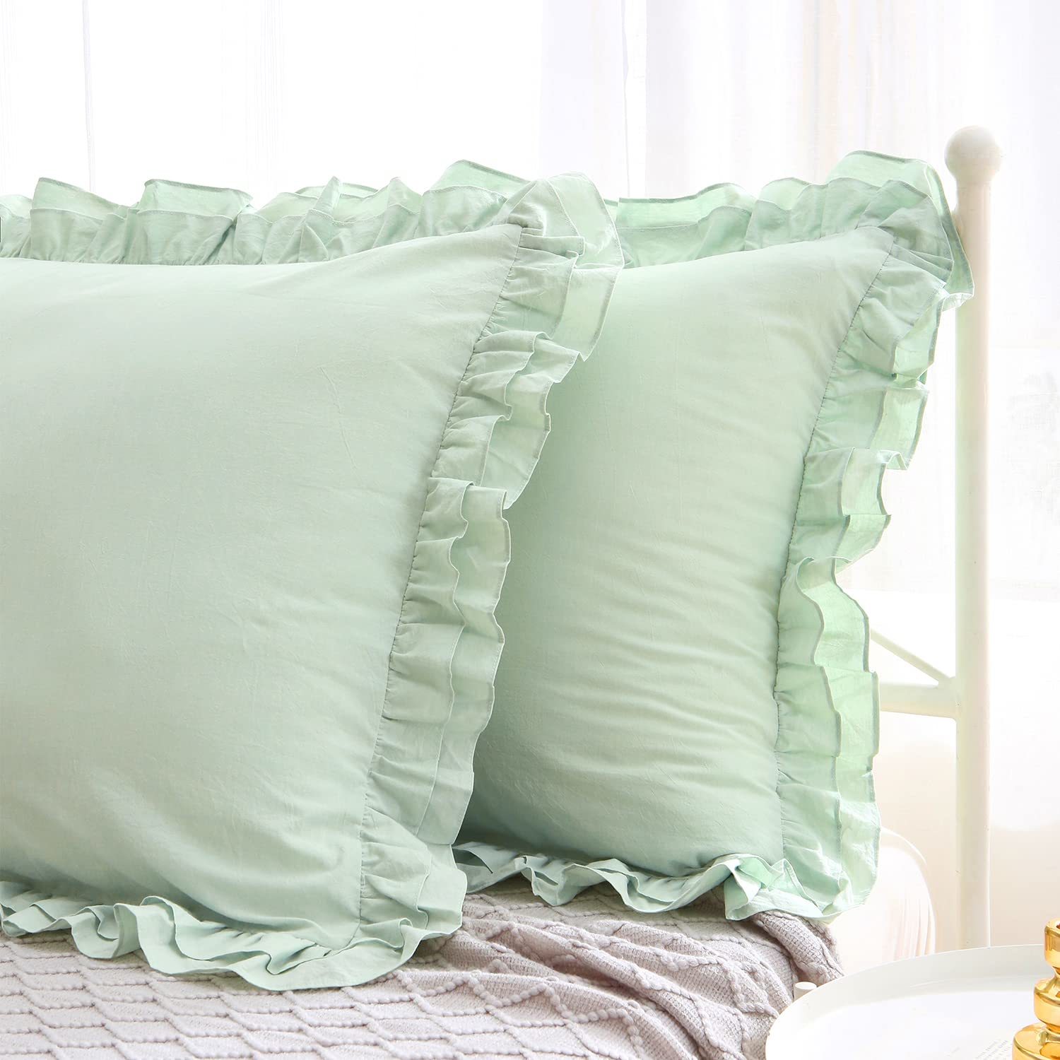 Sage Green Ruffle Euro Pillow Shams 26X26 Set Of 2, Washed Cotton Shabby And Chi