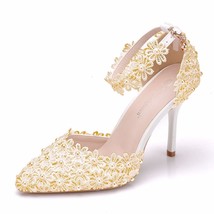 Pearl White Lace Wedding Shoes With Fine Pointed Bride Pumps Dress High Heels 9C - £48.50 GBP