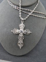 Silver Tone Cross Pendant Necklace Brilliant Clear Rhinestones 26&quot; Long Chain - £7.98 GBP