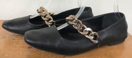 Steve Madden Queenie Black Leather Chunky Gold Chain Square Toed Flats 8... - £39.30 GBP